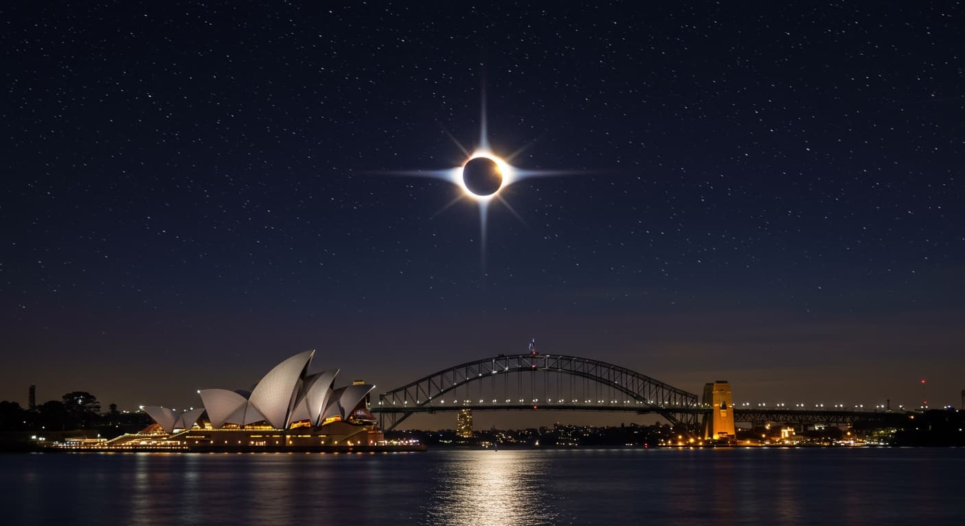 Total solar eclipse over Sydney with the Opera House and Harbour Bridge silhouetted against the glowing corona